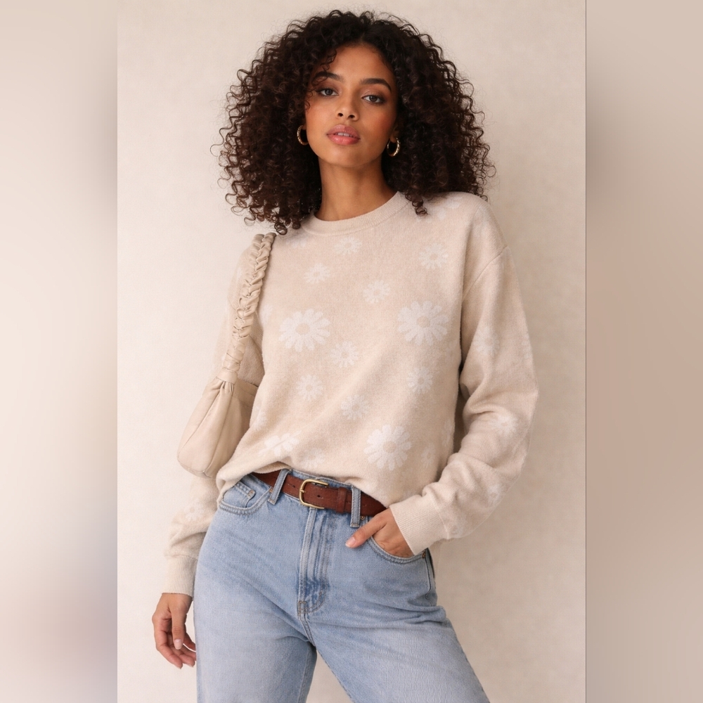 Womance | Beige Floral Crewneck Sweater, Size S